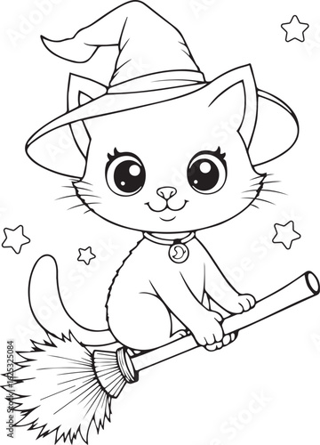 cat with a hat simple easy cute cartoon kitty kitten cat holding broom spy coloring page printable template for kids and adults graphic card for decoration invitation books pages birthday eps vector