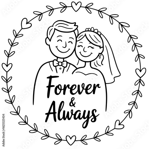 Forever and Always: A heartwarming illustration of a newlywed couple, framed by a floral wreath, embodying the enduring spirit of love and commitment.