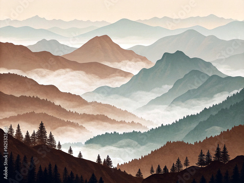 Illustrated Abstract Misty Mountains in Earth Tones - Peaceful Landscape Wall Art Ai-Generated