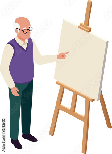 Elderly man pointing at blank canvas on wooden easel in isometric style vector illustration