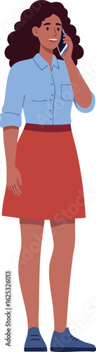 Woman talking on phone wearing blue shirt and red skirt standing vector illustration