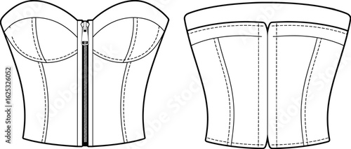 Corset CAD illustration, front zipper closure, structured seams, bust cups, back view, fashion sketch, technical garment drawing