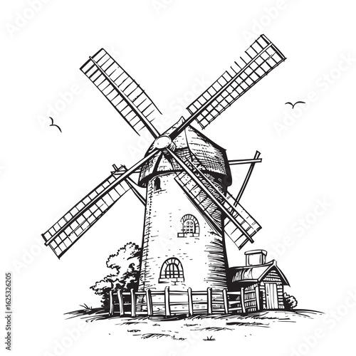 Windmill. Hand drawn vintage sketch