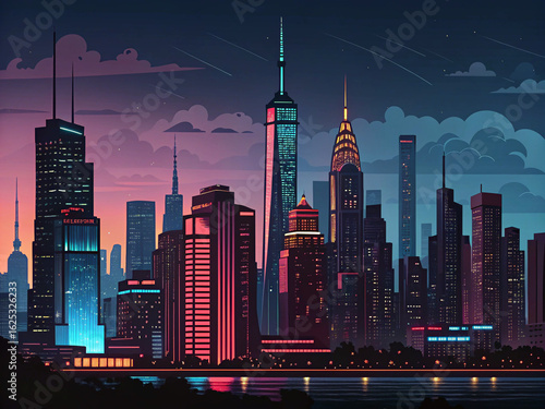 Modern Abstract City Skyline at Night with Neon Streaks - Digital Wall Art Print Ai-Generated