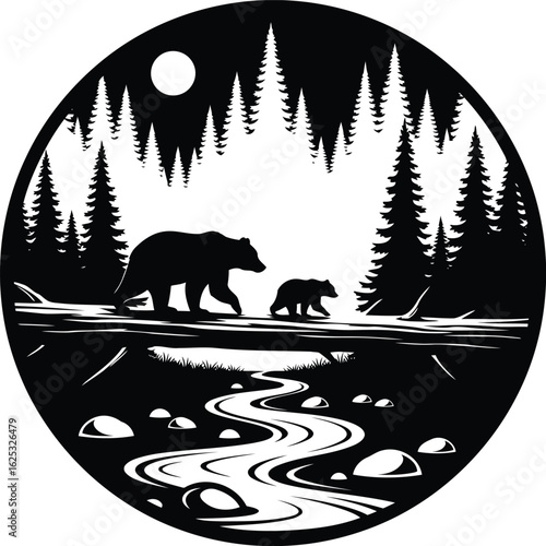 Silhouettes of bears and forest at night, in a circular design.