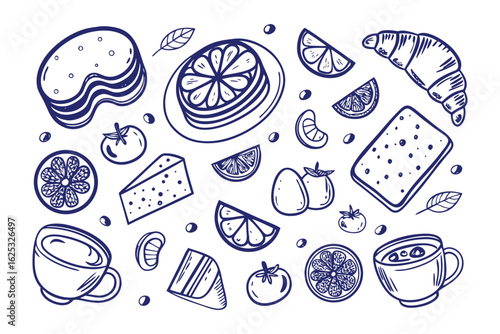 Artistic Culinary Delight: An elegant hand-drawn collection of gourmet breakfast ingredients, including sliced citrus fruits, artisanal croissants, and gourmet cheese.
