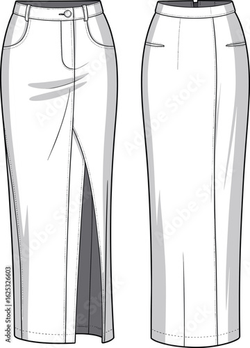 Long skirt technical drawing, front and back view, high waist, slit detail, button closure, fashion sketch, garment design, template
