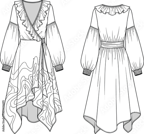 PrintAsymmetrical ruffle dress fashion flat, long sleeve wrap dress front and back view, technical sketch, elegant clothing template design