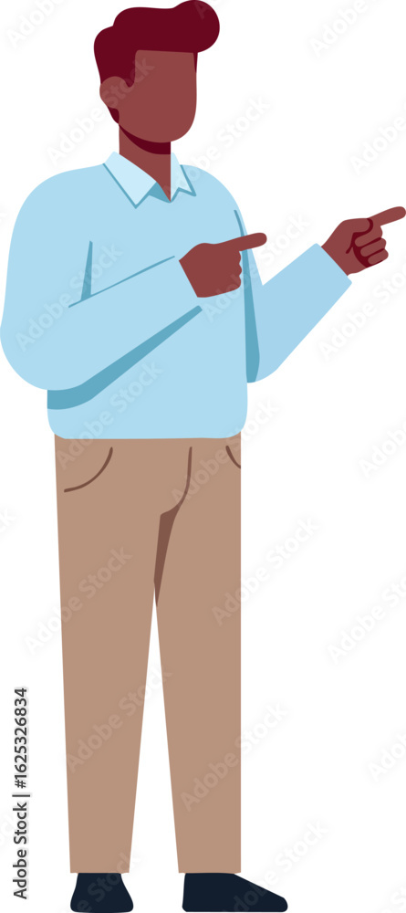 Obraz premium Man in blue shirt and beige pants pointing with fingers casual gesture vector illustration
