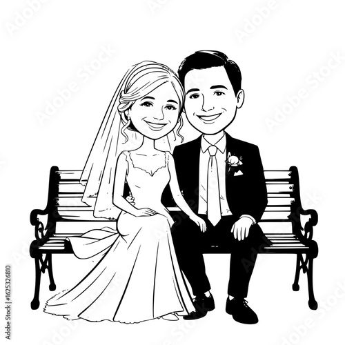 Wedding Couple's Happiness: A charming illustration captures a joyful couple, the bride radiant in her elegant attire, the groom dapper and smiling, united in blissful anticipation.
