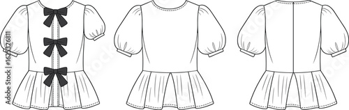 PrintGirls puff sleeve top, back bow design, flat fashion sketch, kidswear blouse illustration, front and back view, technical drawing