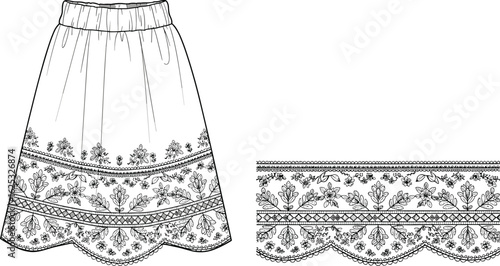 PrintFloral lace skirt with embroidered border, fashion design template, decorative hem pattern, vintage textile style, detailed clothing illustration, sewing concept