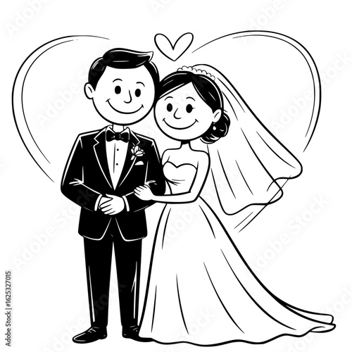 Wedding Illustration: A charming illustration of a radiant couple, their eyes reflecting love, standing side by side within a heart, representing love and togetherness on their special day. 