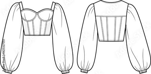 Cropped puff-sleeve top CAD, structured cups, fitted bodice, gathered cuffs, front and back views, fashion sketch, garment illustration