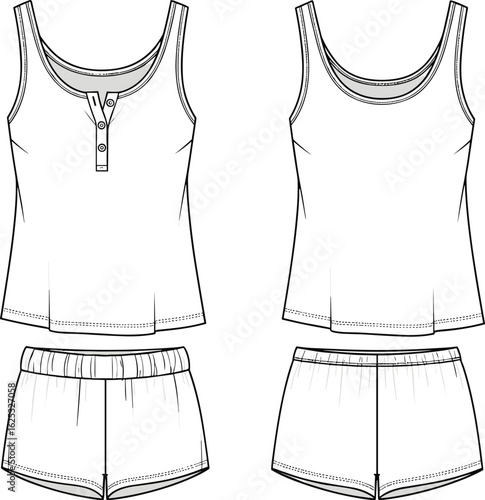 Printomen's sleeveless tank top and shorts set, casual sleepwear, summer loungewear, comfy homewear outfit, flat fashion technical sketch