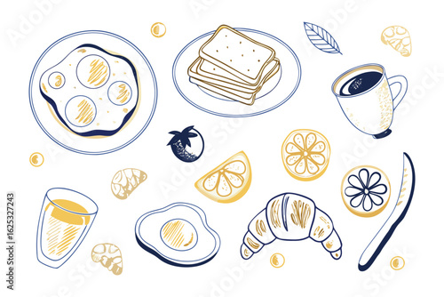 Breakfast Delights: A tempting assortment of breakfast elements artfully arranged, showcasing appetizing food in a visually appealing composition. 