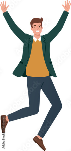 Happy young man jumping with raised hands wearing casual jacket and brown shoes vector illustration