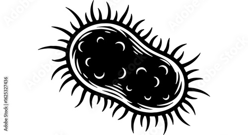 Abstract black and white illustration of a generic microorganism, bacteria, virus, or microbe, health and science concept
