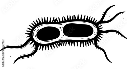 Microscopic bacterium, germ, or microbe abstract illustration. Black and white graphic for science, biology, and health concepts.