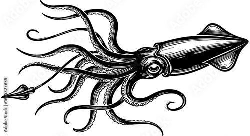 Vintage Engraving Style Illustration of a Squid, Ocean Cephalopod Marine Animal, Black and White Sea Creature Artwork