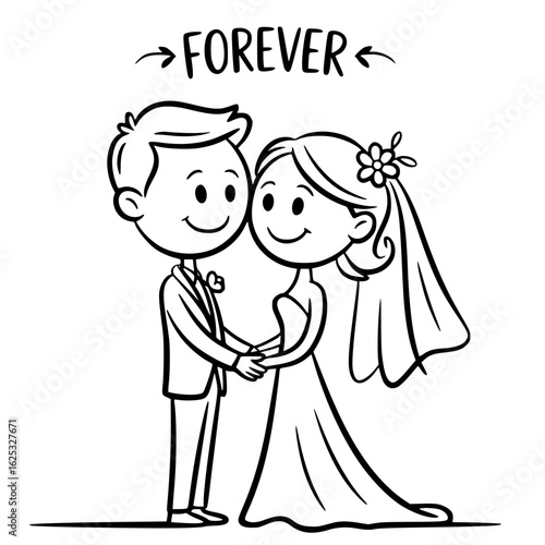 Wedding Bliss in Forever Embrace: A tender cartoon couple, bride and groom, symbolizes eternal love, holding hands with smiles beneath the promise of Forever.