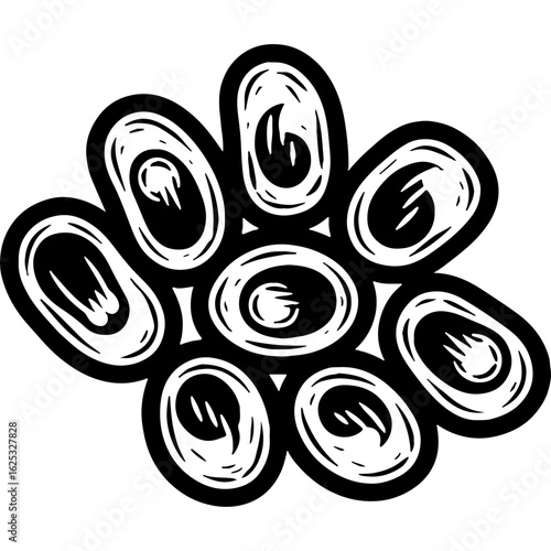 Abstract microscopic cell cluster vector illustration. Black and white hand-drawn organic shapes resembling microorganisms or bacteria.
