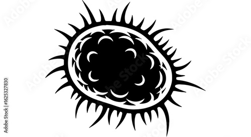 Stylized black and white virus or bacteria cell icon. Microscopic pathogen illustration representing germs, infection, and disease.