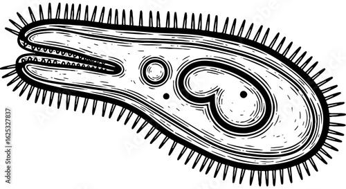 Detailed Black and White Hand Drawn Microscopic Protozoan Organism with Cilia, Biology and Microbiology Illustration