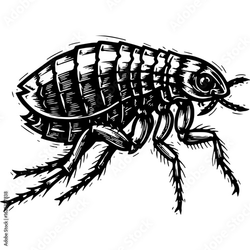 Detailed stylized black and white illustration of a common flea. Parasitic insect graphic for pest control, animal health, and infestation issues.