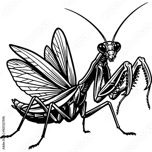 Detailed black and white vector illustration of a praying mantis. Realistic insect art perfect for nature, wildlife, or entomology designs.