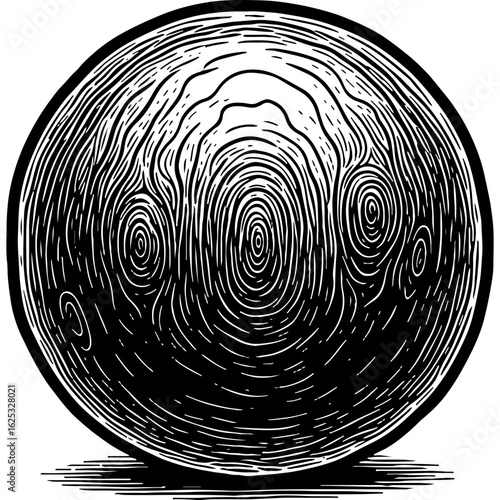 Monochromatic abstract organic sphere illustration. Detailed woodcut style texture resembling biological patterns, natural growth, and the animal kingdom.