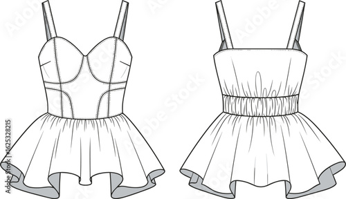  Women's peplum bustier top, fashion flat sketch, front and back view, fitted bodice design, stylish summer top vector illustration