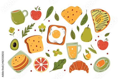 Breakfast Feast: A vibrant ensemble of breakfast staples, from a perfect sunny-side-up egg atop toast to a flaky croissant and fresh fruit, artistically arranged for a delectable visual treat. 