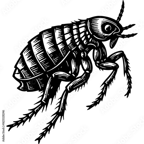 Black and White Vintage Style Illustration of a Flea, a Small Parasitic Insect. Ideal for Pest Control and Animal Health Concepts.