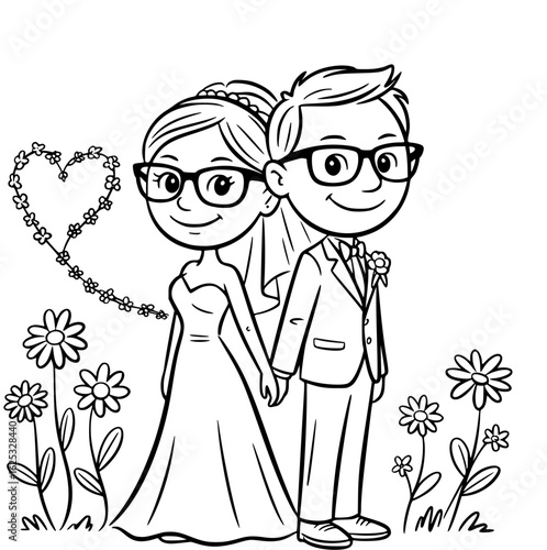 Love's Embrace: A tender illustration captures a newly married couple, hands clasped, standing amidst a field of daisies, their eyes locked in a shared gaze.