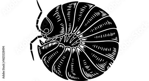 Black and White Vector Graphic of a Woodlouse Pill Bug Curled into a Defensive Ball, Detailed Monochrome Illustration