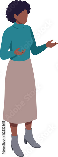 Woman standing and gesturing with hands wearing teal turtleneck and beige skirt vector illustration