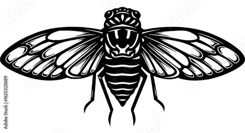 Detailed black and white cicada insect illustration, vintage style graphic art, nature design element, entomology symbol