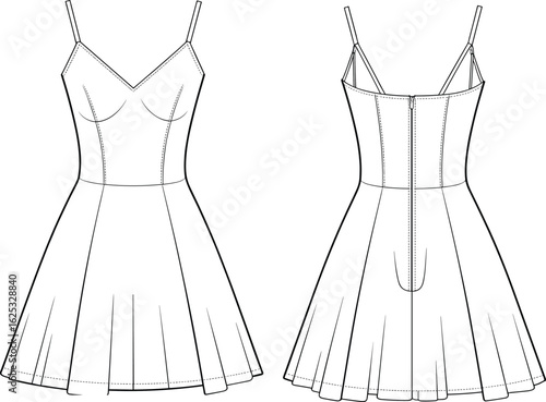 Flared dress CAD drawing, V-neckline, princess seams, thin straps, center-back zipper, front and back views, fashion sketch, vector template