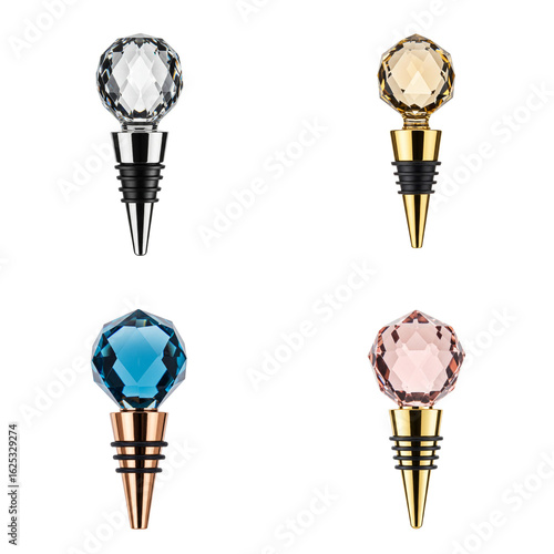 Crystal wine stopper. Decorative wine bottle stoppers in various colors and styles. Set isolated on transparent background  