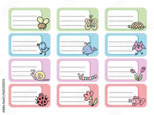Notebook labels with cute kids icons, colorful design, template for school book labels. Set bright name stickers for notebook. Back to school labels. Name and Class