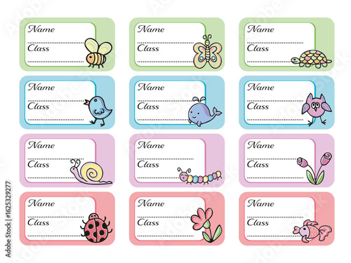 Notebook labels with cute kids icons, colorful design, template for school book labels. Set bright name stickers for notebook. Back to school labels. Name and Class