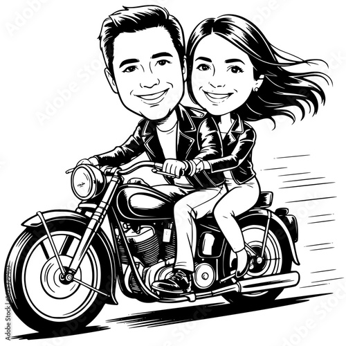 Biker Romance: A cartoon-style illustration captures a smiling couple, revelling in the thrill of a ride on a classic motorcycle.
