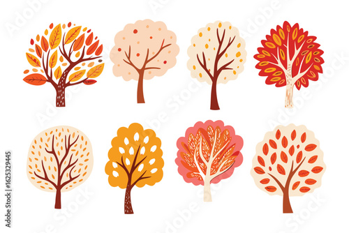 Vibrant Autumnal Trees: An artistic collection of various autumnal trees in full bloom, with leaves of diverse colors, celebrating the beauty and life cycle of nature.