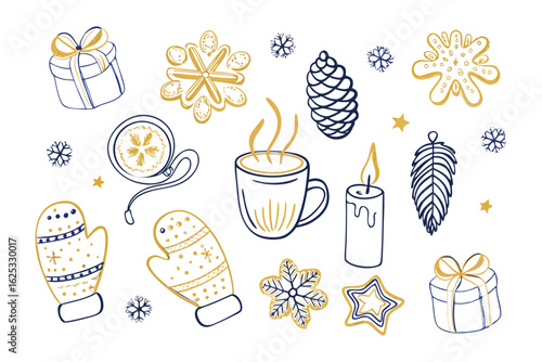 Festive Holiday Cheer Elements: Charming hand-drawn illustrations bring the joy of the season, perfect for designs and holiday projects, showcasing gifts, warm drinks, cookies and more.