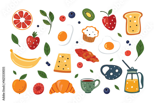 A Wholesome Breakfast: A colorful assortment of breakfast delights including a toasted bread, banana, egg, pastries, fruits, juice, and berries.