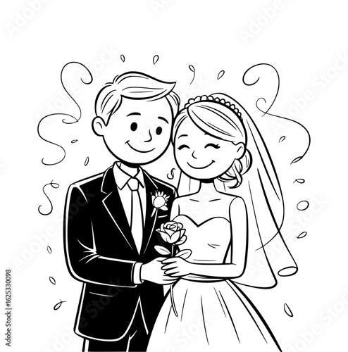 Eternal Vows: Depicting a joyous wedding day with a tender embrace, the radiant bride and groom exchange a rose amidst a shower of celebratory confetti, celebrating love and commitment.