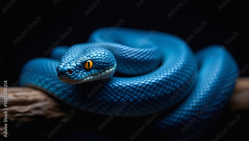 Fototapeta premium A vibrant blue snake with yellow eyes coiled on a wooden branch against a black backdrop reptile serpent