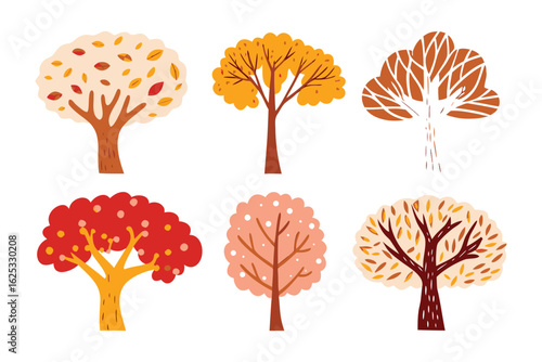 Autumn Tree Assortment: A vibrant collection of illustrated trees showcase autumn foliage with intricate branch patterns, each radiating its unique autumnal hue.