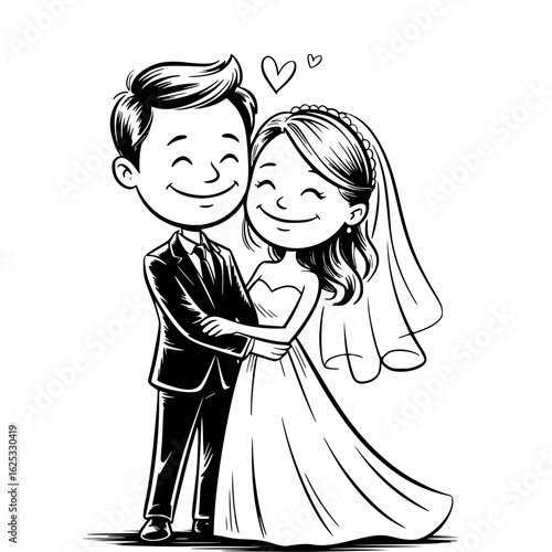 Eternal Bond: A charming depiction of a newlywed couple, their embrace symbolizing unity and the start of a lifelong journey, their faces alight with pure, radiant happiness.